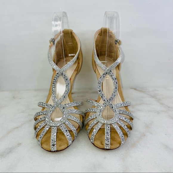 Schutz Silver Glitter Embellished Stones Caged Heel Sandal - Picture 3 of 10